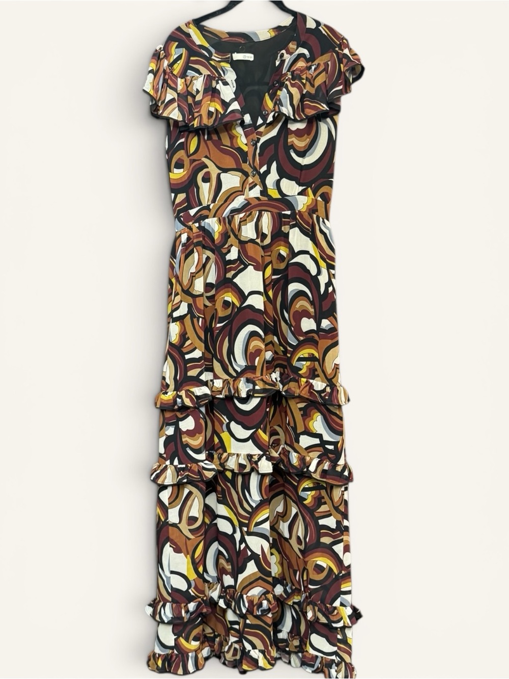 Relish Italy Abstract Print Boho Tiered Ruffle Maxi Dress Size S